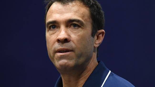 GEELONG, AUSTRALIA - SEPTEMBER 10: Cats head coach Chris Scott speaks to the media during a Geelong Cats AFL training session at GMHBA Stadium on September 10, 2019 in Geelong, Australia. (Photo by Quinn Rooney/Getty Images)