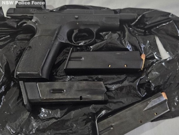 Glock pistol among the items confiscated from suspected drug traffickers’ homes. Picture: NSW Police