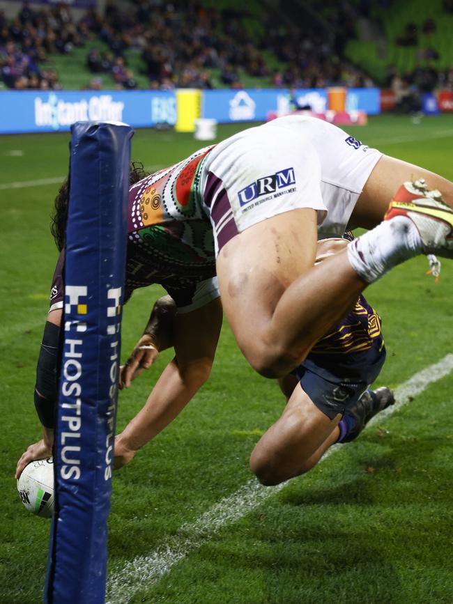 Christian Tuipulotu dives over to score in the second half. Picture: Daniel Pockett/Getty Images