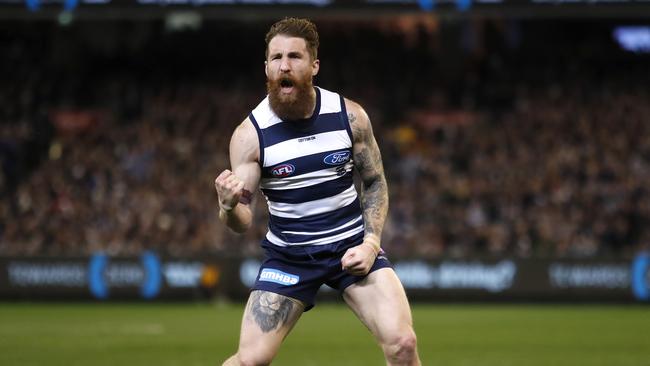 Zach Tuohy enjoys a goal in last year’s qualifying final. Picture: Getty Images