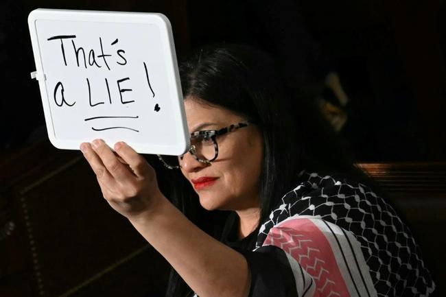 Democratic Congresswoman Rashida Tlaib protests against President Donald Trump during his speech to Congress