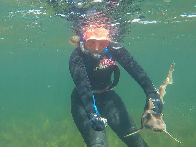 Madeleine Heath after removing the chunk of plastic from the small shark.