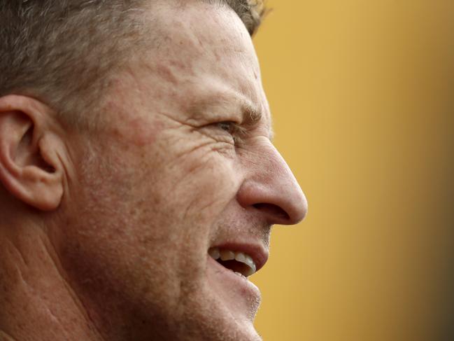 MELBOURNE, AUSTRALIA - JULY 03: Richmond senior coach, Damien Hardwick speaks to the media before  a Richmond Tigers AFL training session at Punt Road Oval on July 03, 2020 in Melbourne, Australia. (Photo by Darrian Traynor/Getty Images)