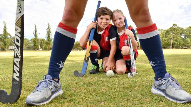 Burnside Hockey Club members Matilda, 9, and Thamas, 11, are looking forward to playing in the southwest Parklands. Picture: AAP/Keryn Stevens