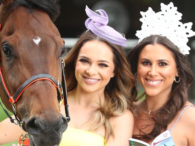 1.11.2019. Sarah Condina and Natasha Lazarevski ( yellow) with 'Wally' the horse ahead of Tuesday's Melbourne Cup. Ladies dressed by David Jones. PIC TAIT SCHMAAL.