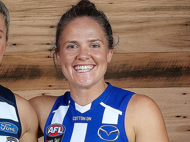 AFLW Season Launch. New AFLW teams Geelong and North Melbourne will join the competition in 2019. Geelong Captain Melissa Hickey and North Melbourne Captain Emma Kearney are pictured. Picture : Ian Currie