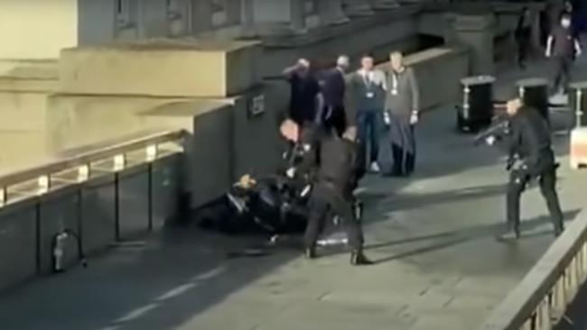 Usman Khan being overpowered on London Bridge after fatally stabbing two people in 2019.