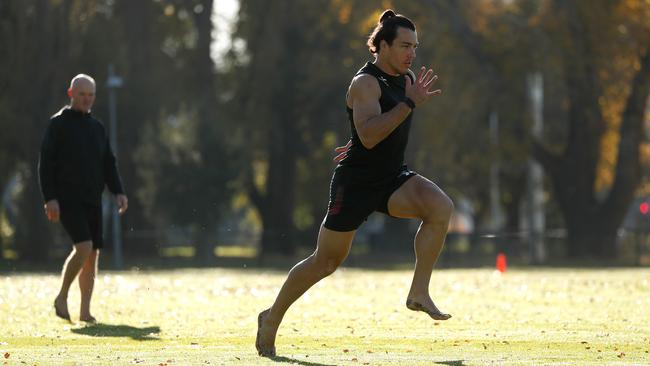 Essendon star Dylan Shiel trains at Murphy Reserve in Melbourne yesterday. Picture: Getty Images