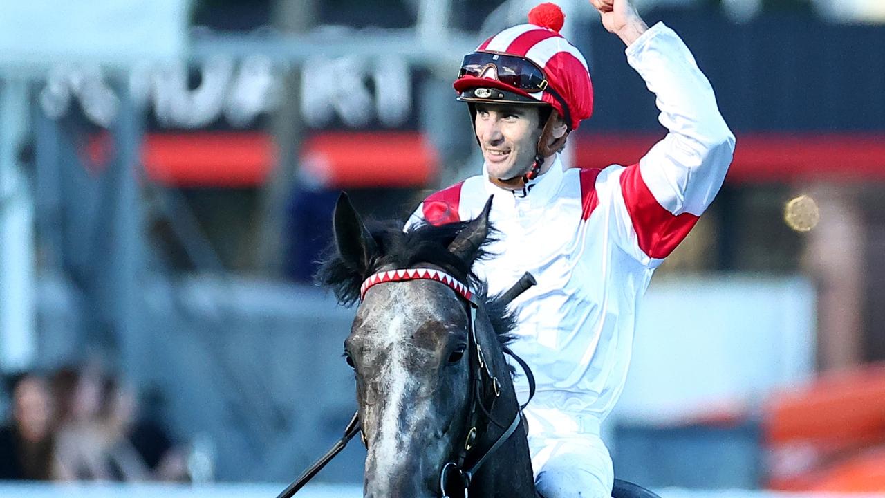 SYDNEY, AUSTRALIA - APRIL 06: Tyler Schiller riding Celestial Legend wins Race 8 The Star Doncaster Mile during Sydney Racing at Royal Randwick Racecourse on April 06, 2024 in Sydney, Australia. (Photo by Jeremy Ng/Getty Images)