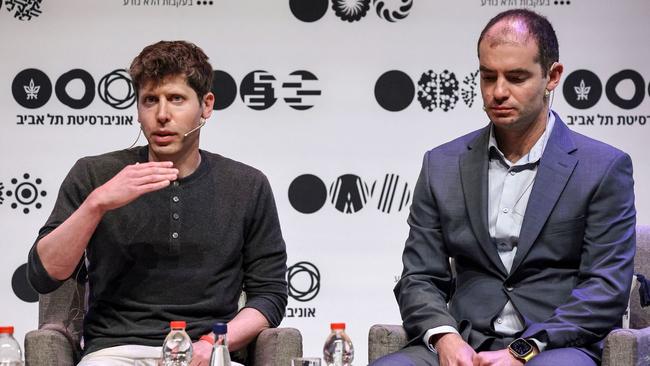 Sam Altman, left, and OpenAI chief scientist Ilya Sutskever speaking in Tel Aviv on June 5. Picture: Jack Guez/Getty Images