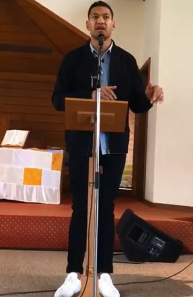 Live stream video grab of Israel Folau preaching at his church, The Truth of Jesus Christ Church, Sydney church at Kenthurst today. Picture: Facebook – The Truth of Jesus Christ Church Sydney page