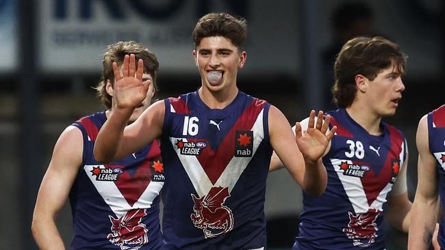 Harry Sheezel of the Dragons celebrates kicking a goal during the NAB League Grand Final match between the Sandringham Dragons and the Dandenong Stingrays at Ikon Park on September 16, 2022. (Photo by Daniel Pockett/AFL Photos/via Getty Images)