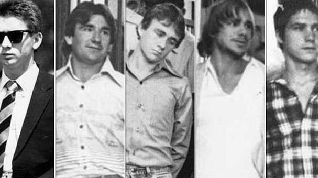 The five men convicted of taking part in Anita Cobby’s murder in 1986. From left: John Travers, Michael Murphy, Leslie Murphy, Gary Murphy and Michael Murdoch.