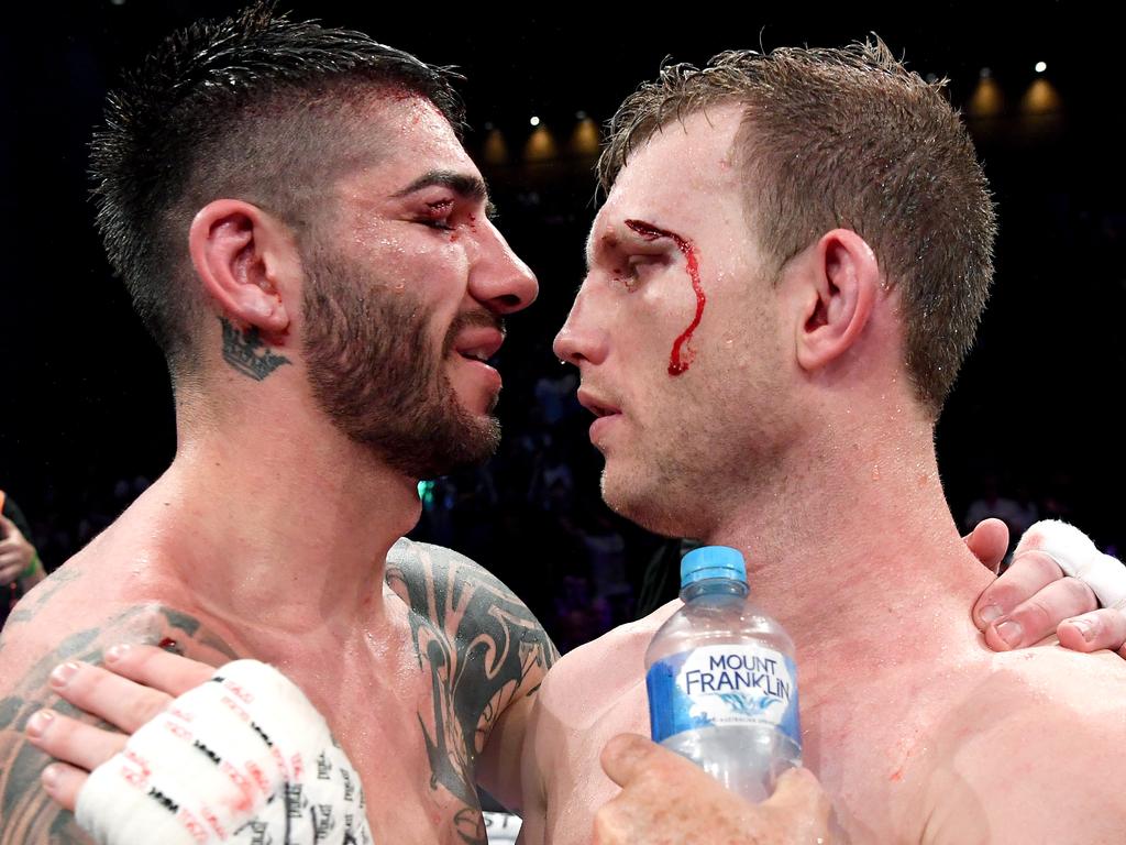 Michael Zerafa and Jeff Horn after their middleweight bout in Brisbane in 2019. Picture: Getty Images