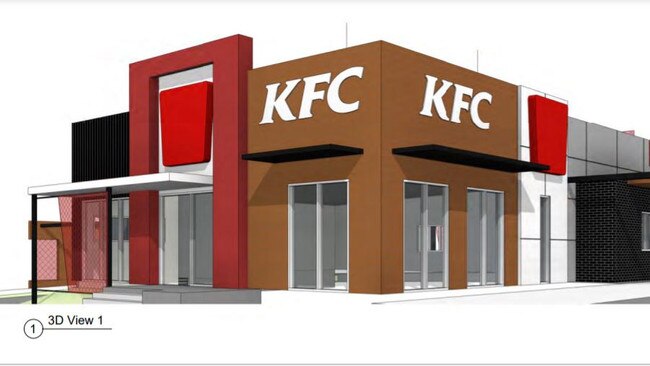 Artist's render of a future KFC restaurant on the current site of Montezuma's Mexican Restaurant on the corner of Logan Rd and Lumley St, Upper Mount Gravatt. Picture: Developmenti/ WBP Architects