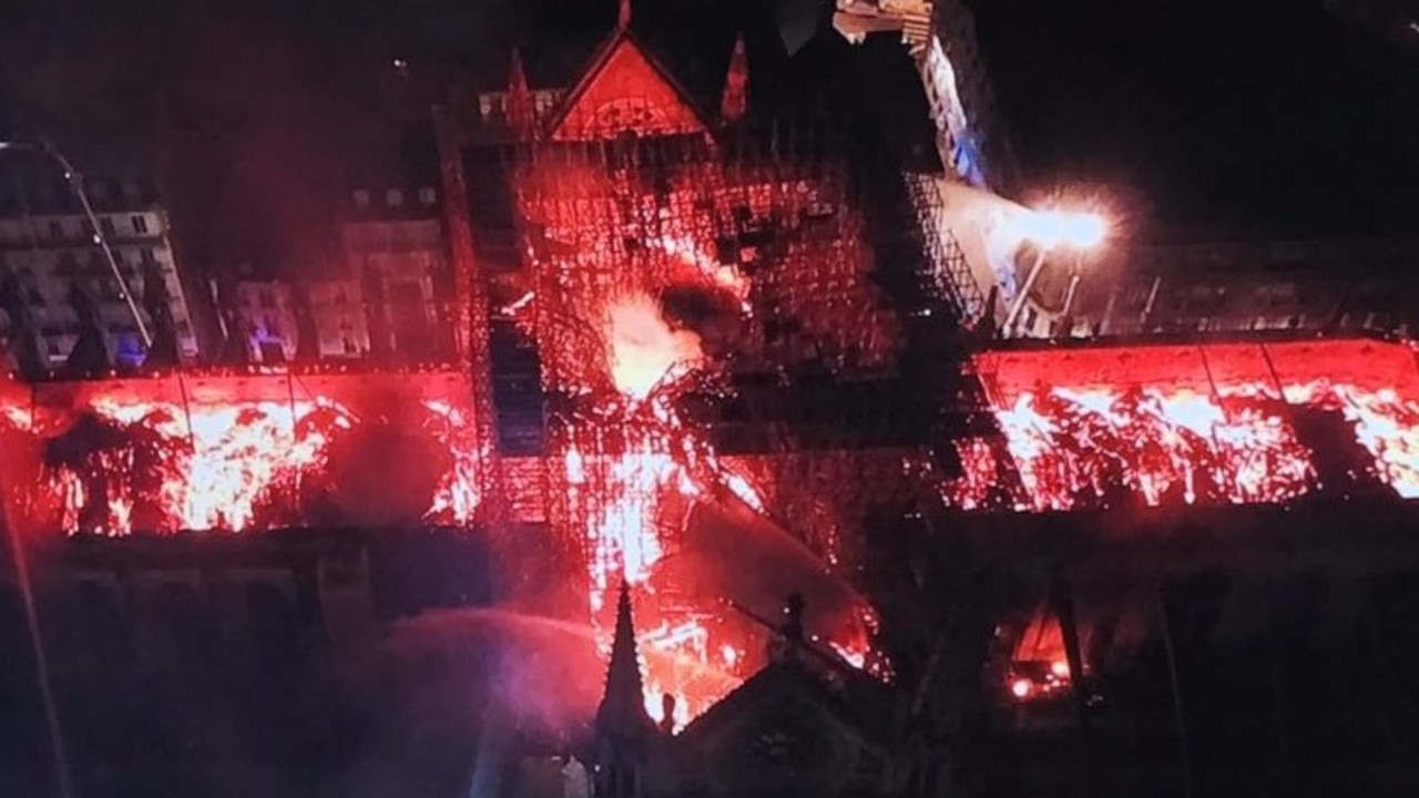 Drone footage shows the fire in the Notre Dame Cathedral. Picture: French Police