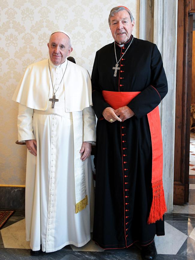 Pope Francis with Cardinal George Pell during a private audience at the Vatican on Monday.