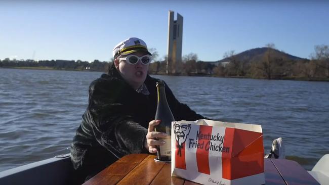 Alright, Hey! jumped in a GoBoat on Lake Burley Griffin for his clip Ridin' ScoMo. Picture: YouTube