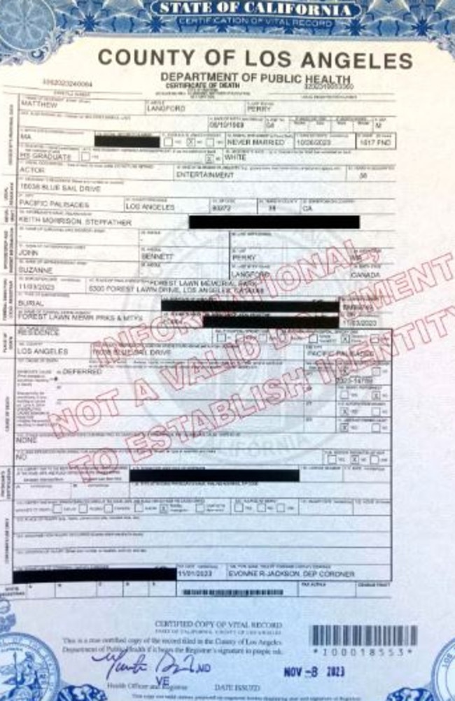 Matthew Perry’s death certificate. Picture: NY Post via The Blast