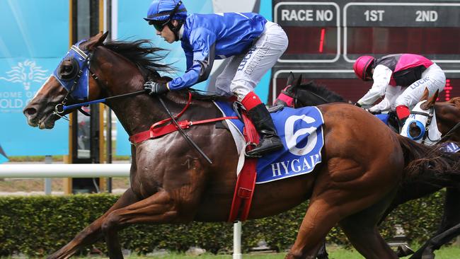 Argyll Bay ridden by Corey Bayliss competes at the turf club. Picture Glenn Hampson