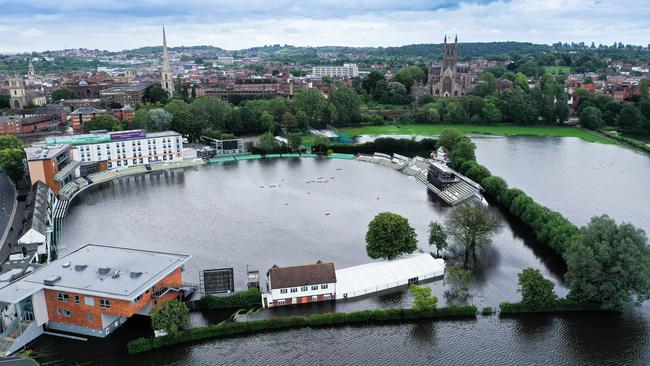 Flooded Worcester cricket ground in England where Australia A’s game was to be played.