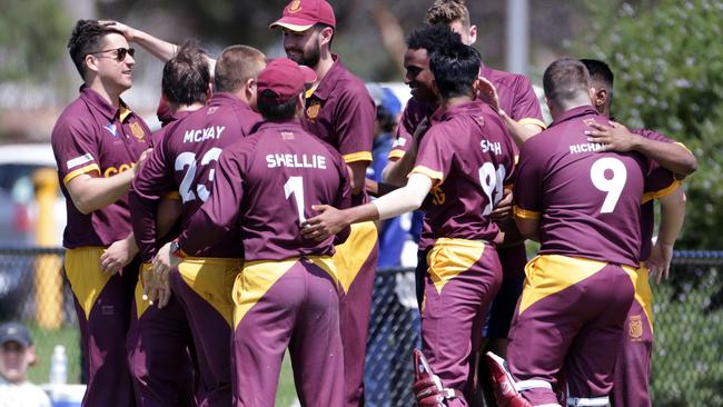 Coburg players celebrate the VSDCA T20 semi final win over Mt Waverley. Picture: Sarah Matray