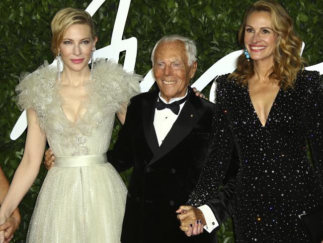 Cate Blanchett, with Giorgio Armani and Julia Roberts. Picture: AP