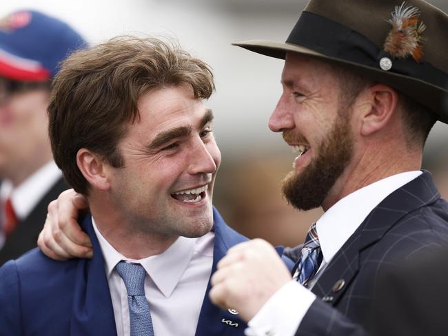 MELBOURNE, AUSTRALIA - NOVEMBER 01:  Trainers David Eustace and Ciaron Maher celebrate after Gold Trip won Race 7, the Lexus Melbourne Cup, during 2022 Lexus Melbourne Cup Day at Flemington Racecourse on November 01, 2022 in Melbourne, Australia. (Photo by Daniel Pockett/Getty Images)