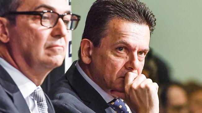 South Australian Opposition Leader Stephen Marshall with SA Best leader Nick Xenophon at the SA Press Club leaders’ debate. Picture: AAP / Roy Vandervegt