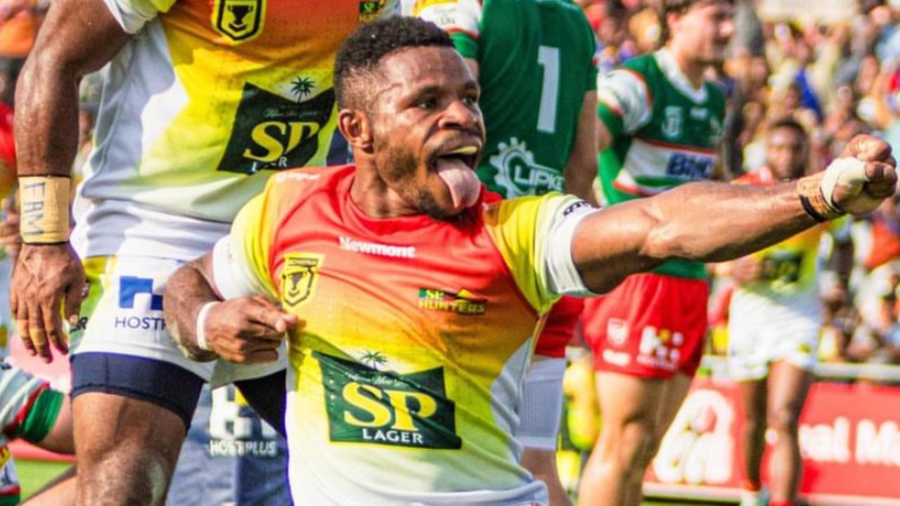 Judah Rimbu celebrates scoring a try for PNG Hunters. Source: Instagram.