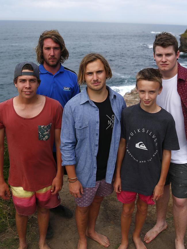 Michael Byron, Matt Marlin, Blake Morgan, Kai Morgan and Jonathon Aukett scrambled down the rocks to help save Blake Hayes who fell at Warriewood blow hole in 2014. Picture: Bradley Hunter