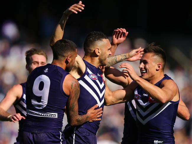 PERTH, AUSTRALIA - AUGUST 20: Harley Bennell of the Dockers celebrates a goal during the round 22 AFL match between the Fremantle Dockers and the Richmond Tigers at Domain Stadium on August 20, 2017 in Perth, Australia.  (Photo by Paul Kane/Getty Images)