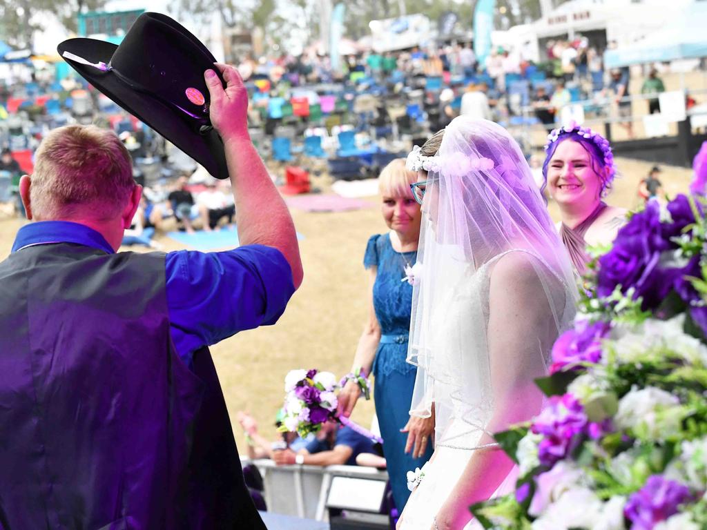 Simone Ward and Geoffrey Borninkhof, were married on The Hill Stage at Gympie Music Muster. Picture: Patrick Woods.