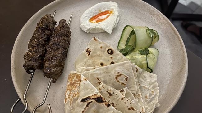 Xin Jiang lamb kebab with roti bread at Southside restaurant in South Brisbane.