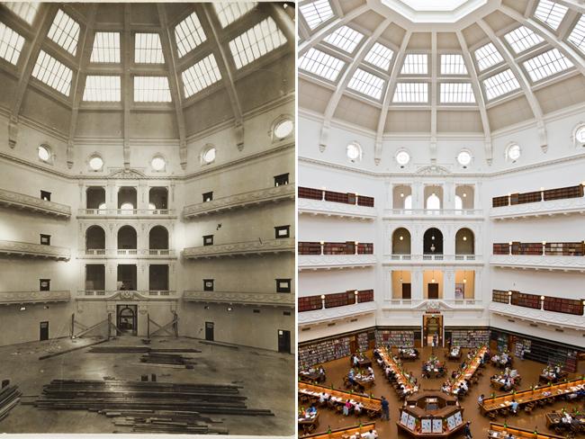 The State Library of Victoria’s domed reading room being built circa 1913, and as it is now. Pictures: State Library of Victoria, David Iliff.