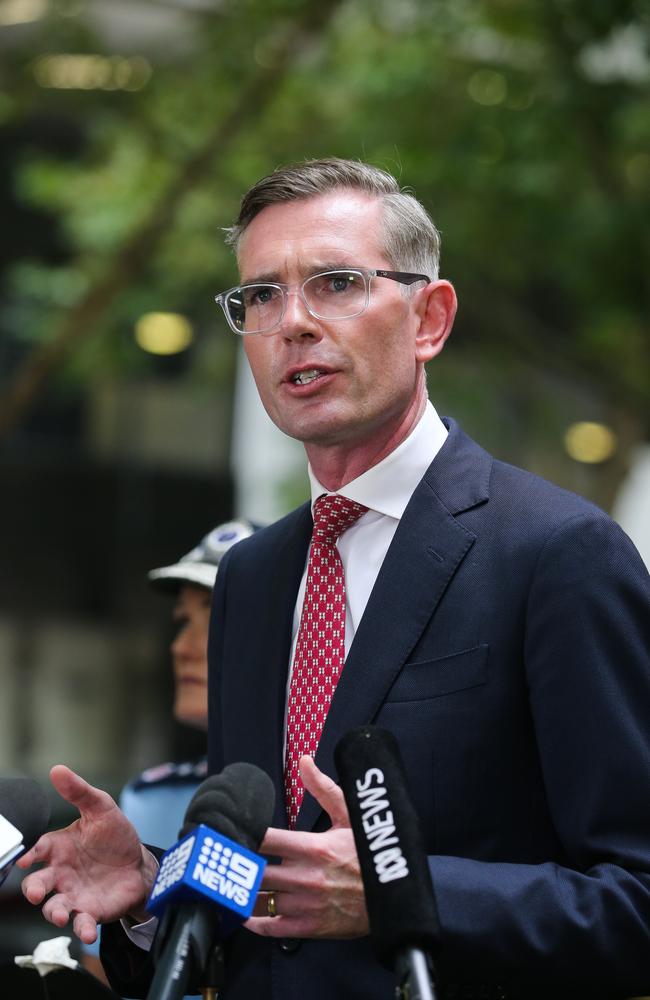 Premier Dominic Perrottet speaking to media in February after he met with Police Commissioner Karen Webb to discuss the NSW Crime Commission’s report into money laundering via gaming machines. Picture: Gaye Gerard