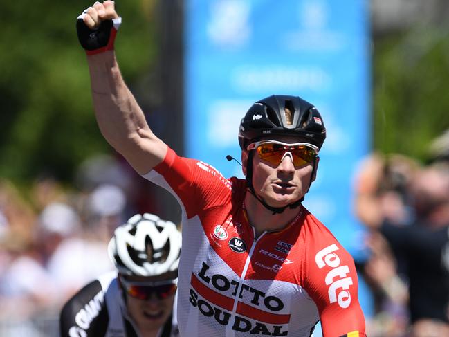 German cyclist Andre Greipel of team Lotto-Soudal (centre), followed by World Champion Slovakian cyclist Peter Sagan (left) in third place, wins stage one of the Tour Down Under from Port Adelaide to Lyndoch, South Australia, Tuesday, January 16, 2018. (AAP Image/Dan Peled) NO ARCHIVING, EDITORIAL USE ONLY