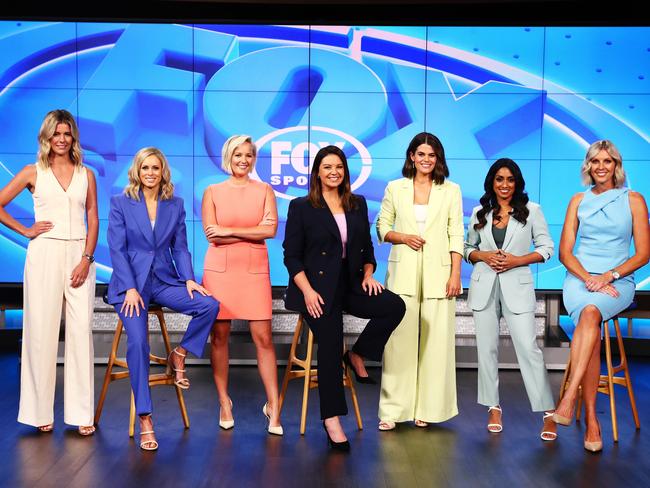 Caption 1 (L-R) Fox Sports on-air talent Lara Pitt, Megan Barnard, Jessica Yates, Yvonne Sampson, Hannah Hollis, Isa Guha, Cath Cox. Photo: Brett Costello photography