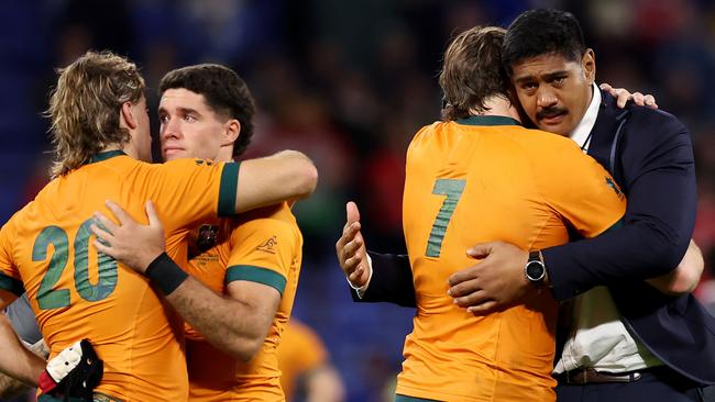 Injured Will Skelton consoles teammates after the shock loss to Wales. Picture: Jan Kruger/Getty Images