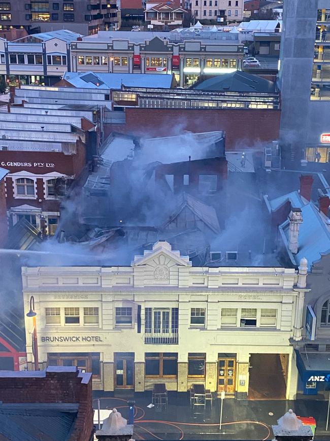 Brunswick Hotel in Liverpool St, Hobart has been destroyed by fire. July 12, 2021. Photo: Henry Marshall.