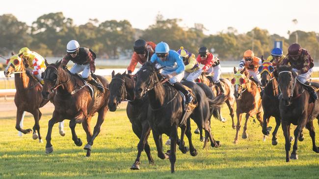 Ben Looker storms home on Nemingah (blue silks) to win the Grafton Cup Prelude at Westlawn Finance Grafton Cup Prelude Day 2020