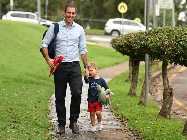 20/05/2022: Opposition treasurer Jim Chalmers takes his 3 yr old son Jack to pre school, and then sits down for an interview at a local cafe, in his electorate of Rankin, in Springwood, Brisbane. Lyndon Mechielsen/The Australian