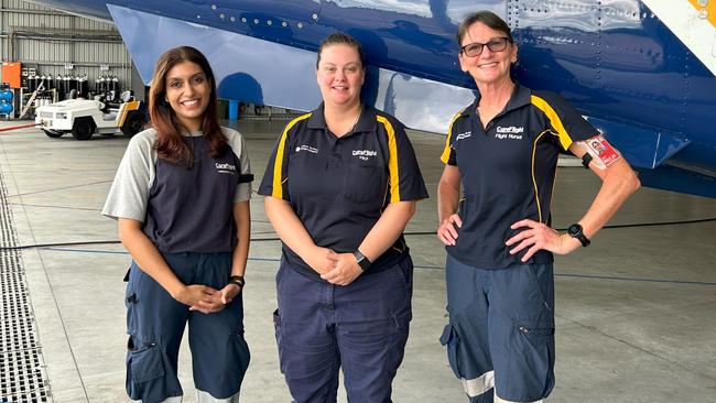 CareFlight: Dr Bash Jagarlamundi, Pilot Anna Pescatore and Flight Nurse and Midwife Trudy Guiney. Picture: CareFlight