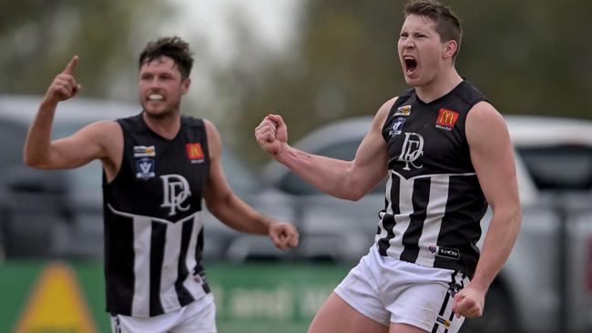 DarleyÃs Billy Myers celebrates kicking a goal during the BFNL Melton v Darley football match in Toolern Vale, Saturday, June 3, 2023. Picture: Andy Brownbill