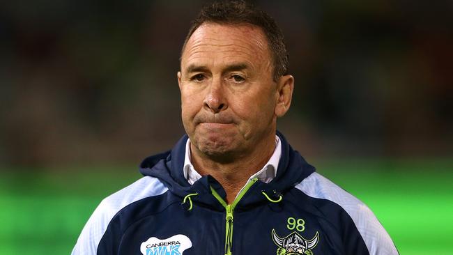 CANBERRA, AUSTRALIA - APRIL 17:  Raiders coach Ricky Stuart looks on before the round six NRL match between the Canberra Raiders and the Parramatta Eels at GIO Stadium on April 17, 2021, in Canberra, Australia. (Photo by Matt Blyth/Getty Images)