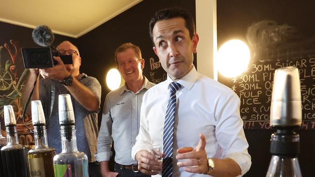 LNP candidate for Mirani Glen Kelly and Leader of the Opposition David Crisafulli taste testing rum during a tour of the Sugar Shed, Sarina. Picture: Liam Kidston.