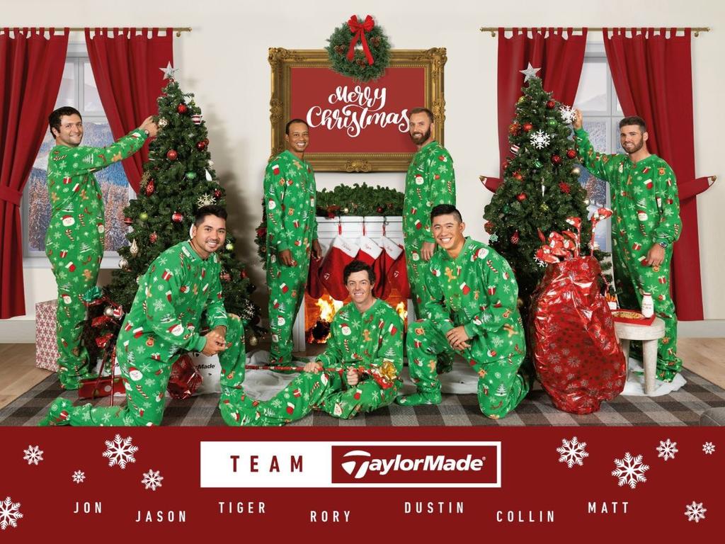 Tiger Woods and the US Presidents Cup team wear Christmas onesies in the ad.