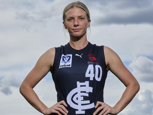 MELBOURNE, AUSTRALIA - MARCH 14: Christina Bernardi of Carlton poses during the 2023 VFL/VFLW Season Launch at Ikon Park on March 14, 2023 in Melbourne, Australia. (Photo by Graham Denholm/AFL Photos/Getty Images)