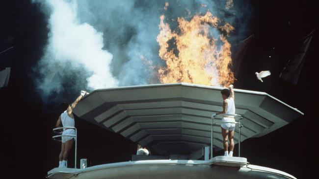 The flame is lit at the 1988 Seoul Olympics.