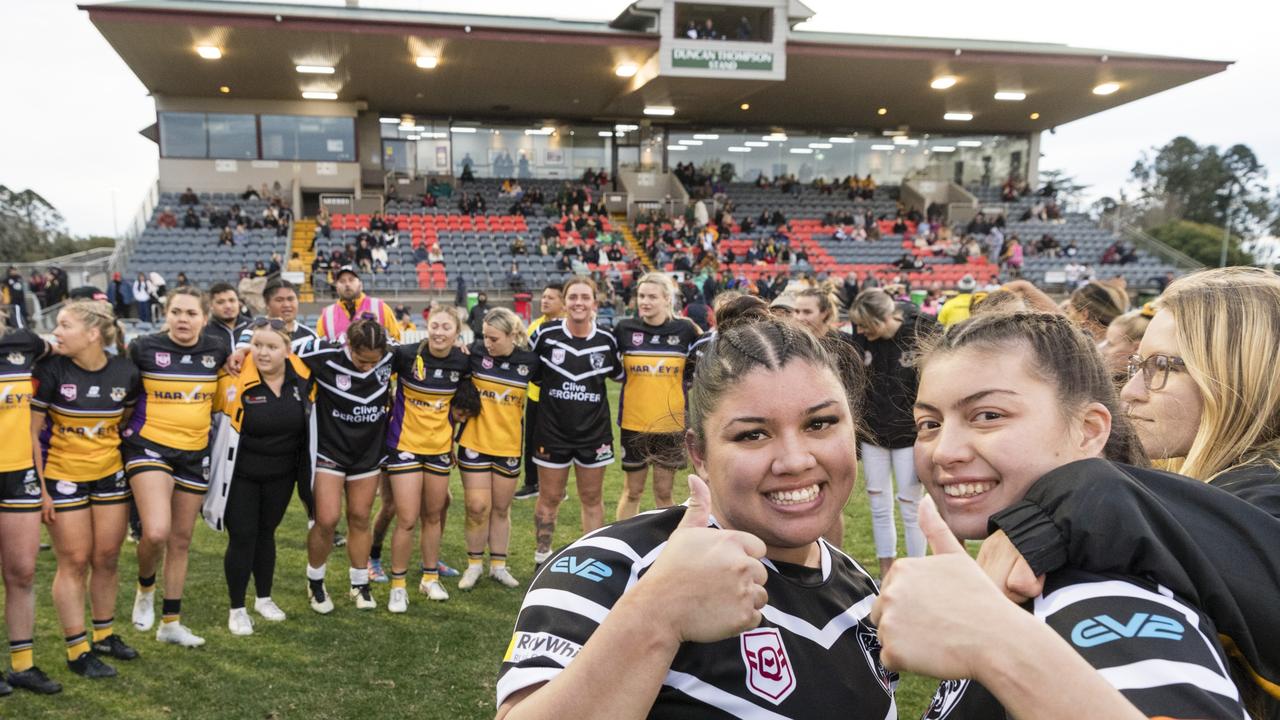 Oakey players Clarrisa Janes and Sabina McLoughlin after the game against Gatton in TRL President's Cup A-grade women's rugby league at Clive Berghofer Stadium, Saturday, July 1, 2023. Picture: Kevin Farmer